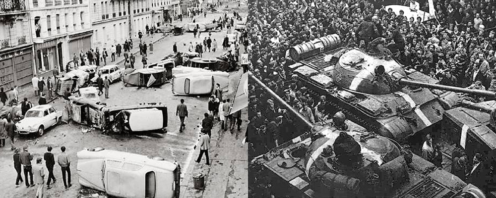 Two black and white photos side by side. One the left, overturned cars on a city street. One the right, a densely-packed street crowd surrounds two tanks.