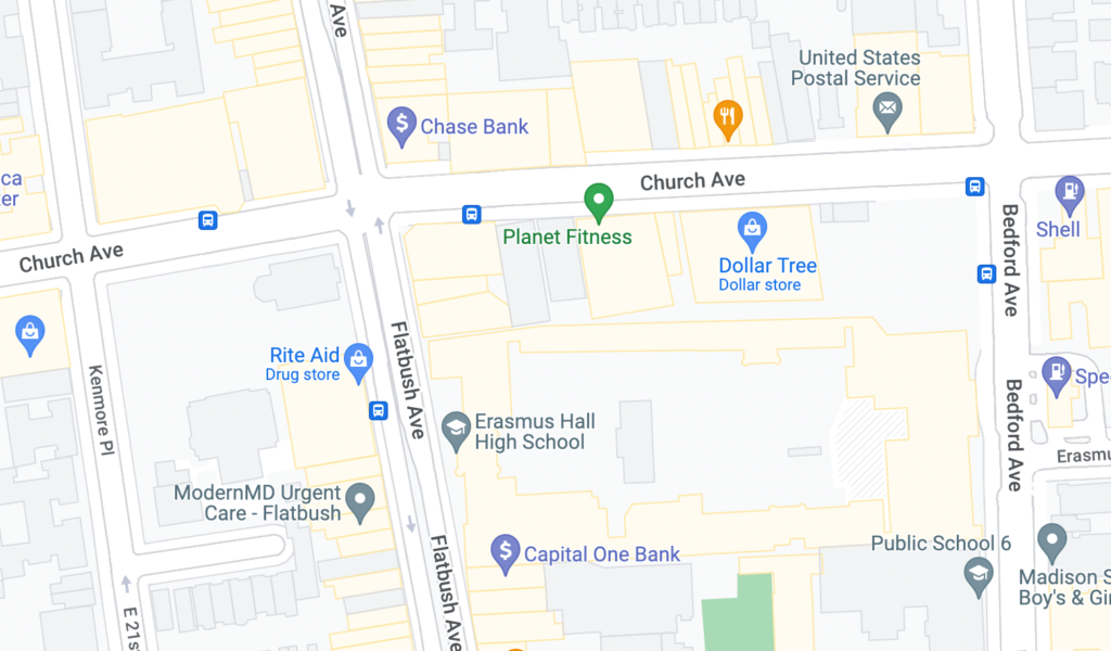 A Google Maps image shows the intersection between Bedord and Church Avenues to the east and Flatbush and Church Avenues, one block to the west.