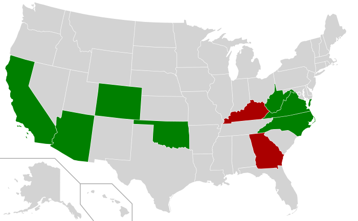 A map of the United States with California, Arizona, Nevada, Oklahoma, Virginia, West Virginia, and North Carolina in green; Tennessee and Alabama are in red.