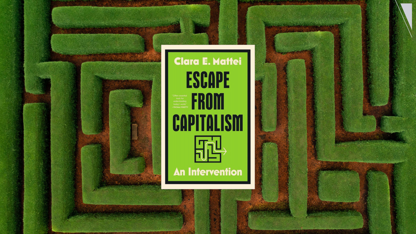 A green maze in the background. Lime green book cover of "Escape from Capitalism by Clara E. Mettei" in the foreground.