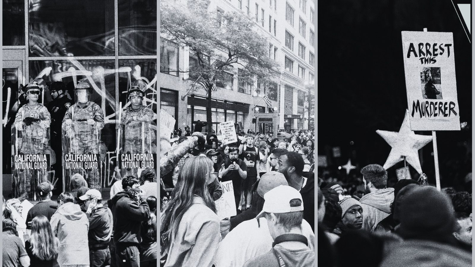 Black and white photos of protests.