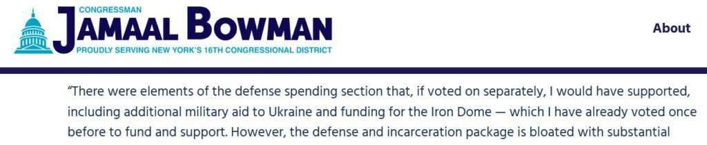 Image capture of a statement from Jamaal Bowman's website stating that he would vote for Iron Dome again.