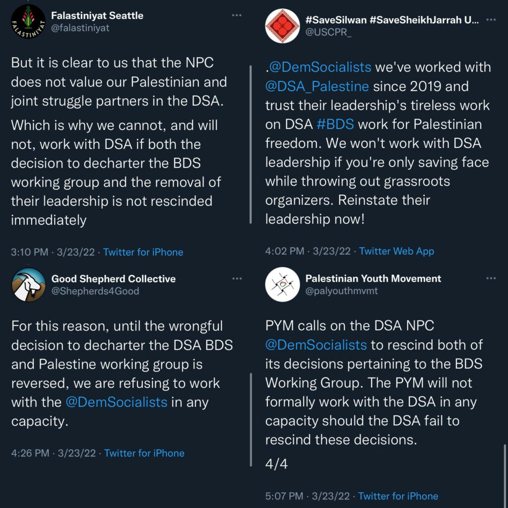 Four tweets from Palestinian organizations stating they will not work with DSA