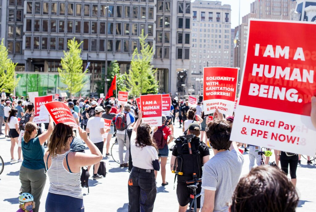 Solidarity rally for Philadelphia sanitation workers demanding PPE and hazard pay.