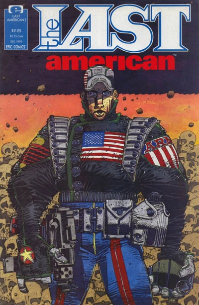Protagonist Ulysses S. Pilgrim, mouth agape, holds his weapons as he stands in front of a mountain of human skulls.