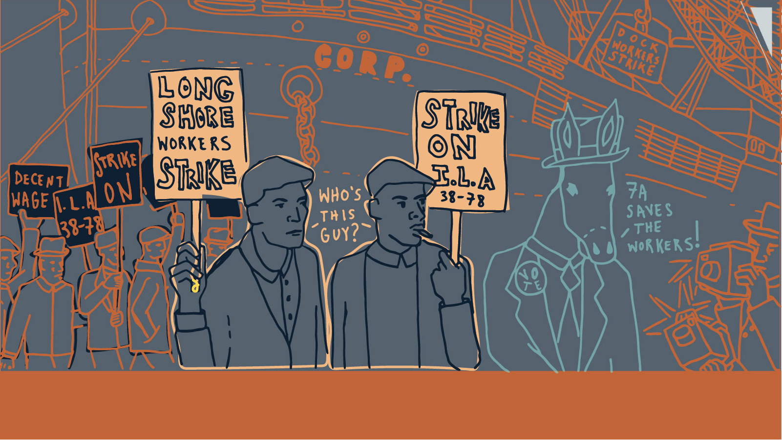 A cartoon image sketch of workers carrying picket signs.