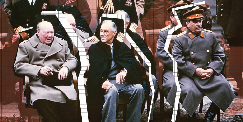 n the forefront, sitting from left to right are Winston Churchill speaking, looking ahead, smoking a cigar, holding onto a black item, and wearing a beige double-breasted coat, Franklin D. Roosevelt wearing a gray suit under a wool and velvet black boat cloak, looking at Churchill, and Joseph Stalin, looking ahead and not speaking, hands clasped on his lap, wearing the traditional Soviet Union military hat and a gray double-breasted coat with Russian lapels. The three men’s chairs are on top of various small, traditional rugs. In the background stand multiple men in different military garments, either speaking to one another or looking straight ahead, and presumably representing the U.S., Britain, and Soviet Union.
