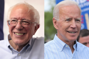 On the left, a photo portrait of Bernie Sanders smiling and looking off to the left next to a photo of Joe Biden, also smiling, and looking off to the right.