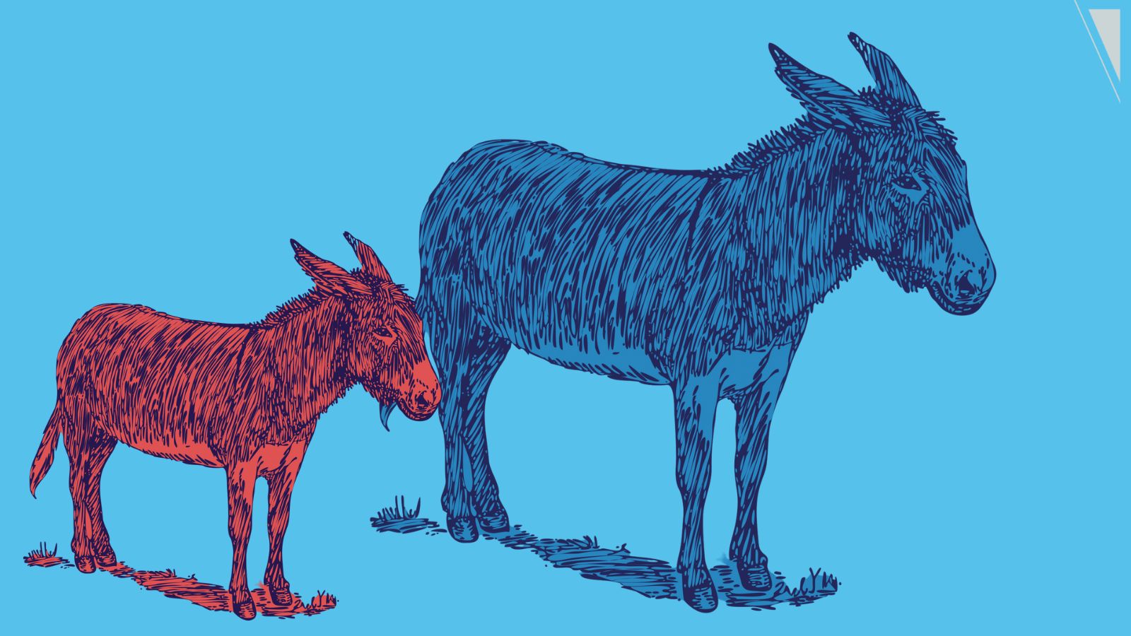 Two donkeys, one large and blue, a second smaller and red.