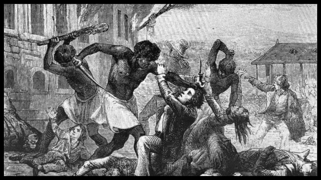 A block print of a black and white illustration showing three black revolutionaries in Haiti attaching white slavers.