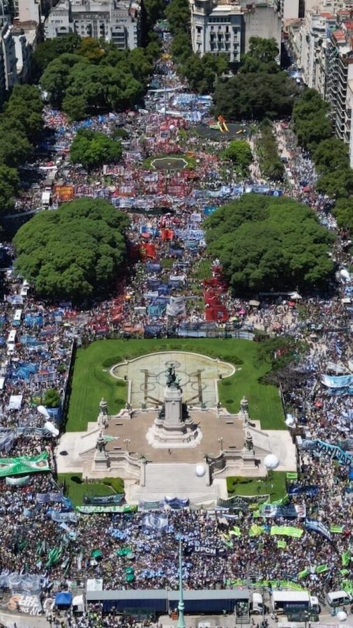 Aerial photo of the central plaza in Buenos Aires during the general strike showing a massive numbers of strikers gathered.