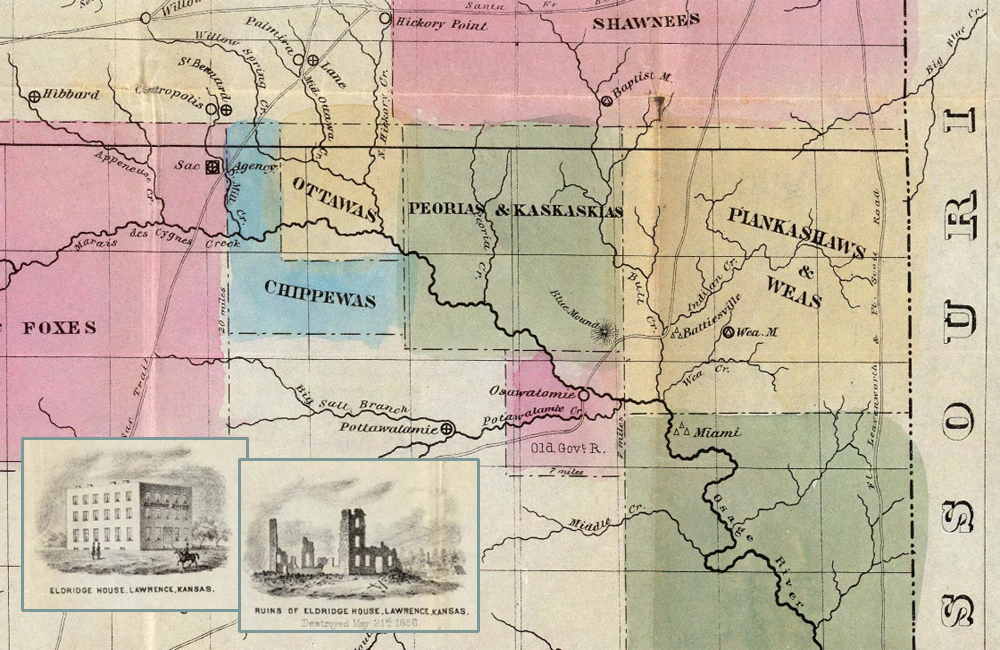 Multicolored map of eastern Kansas, showing multiple Indian reservations and key rivers and towns. Inset drawings depict a rectangular four-story building and the same building in ruins.