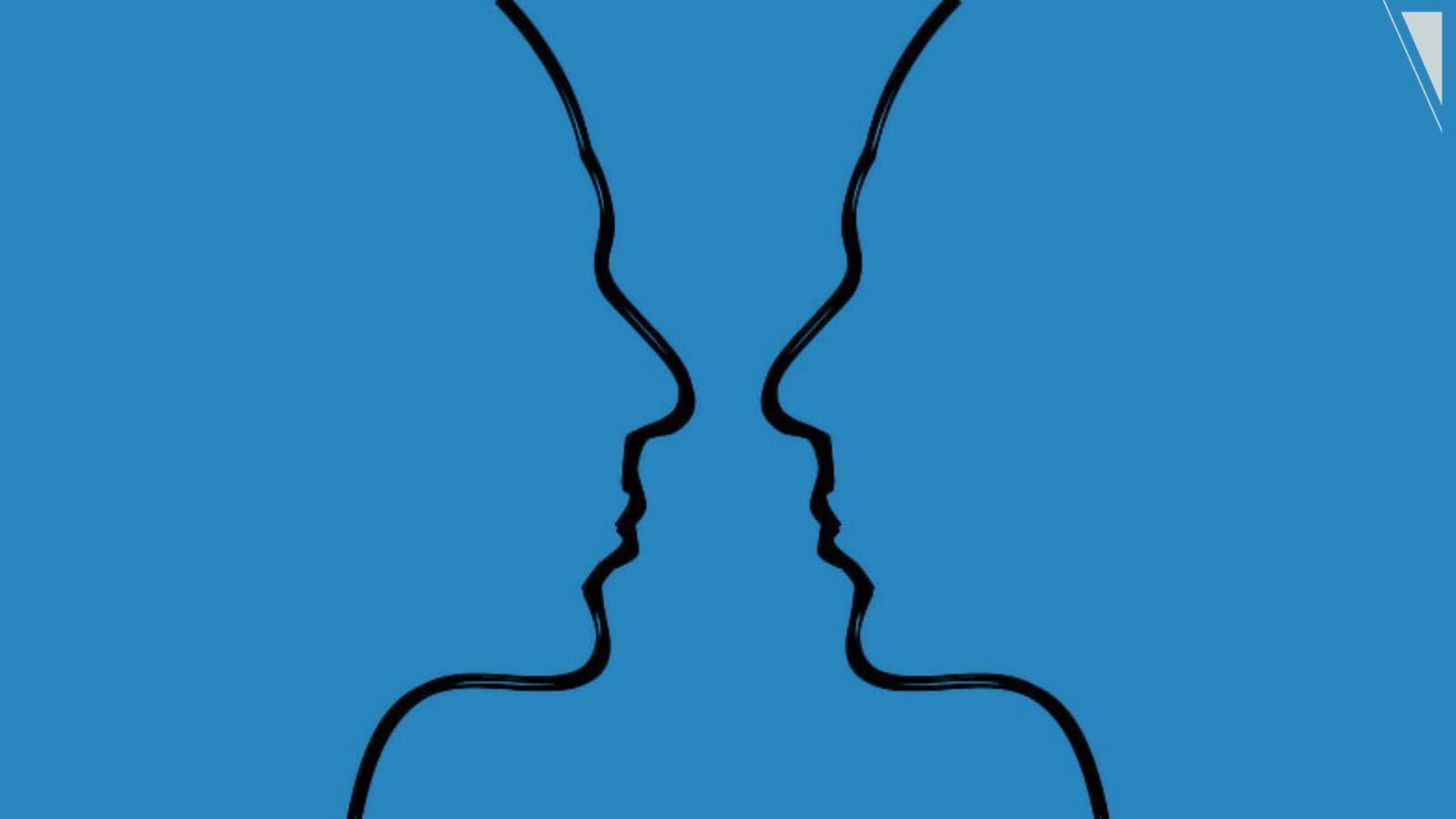 A flat blue background with two outlines of faces facing each other in a side profile.