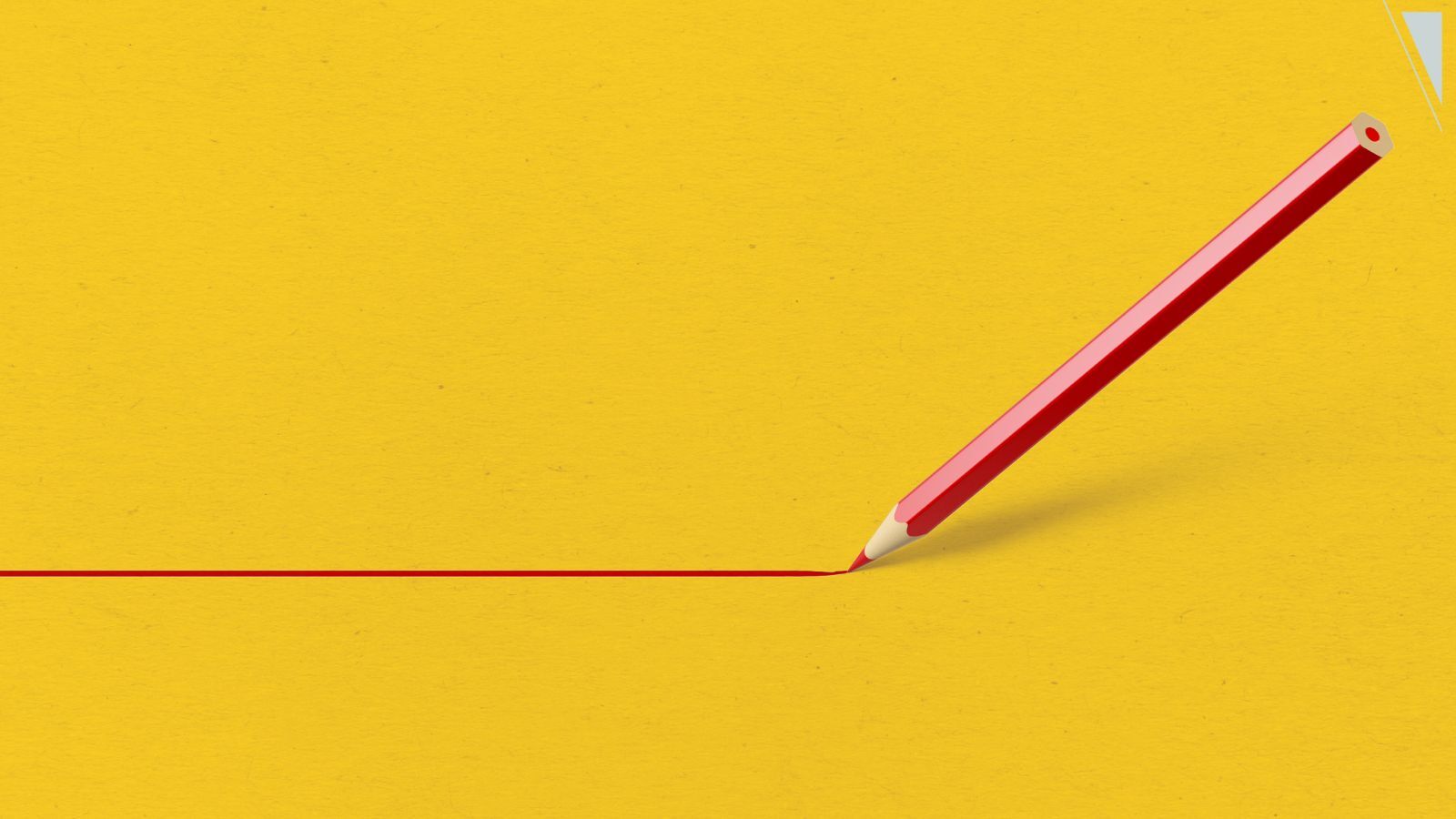 A red pencil draws a straight, red line from the left to the right of the image against a solid yellow background.