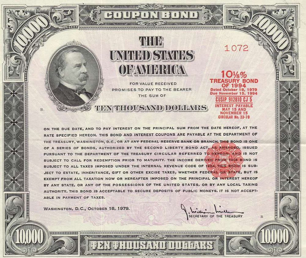 Picture of a treasury bond. It looks somewhat like U.S. currency, with an engraving of Grover Cleveland, but has a denomination of $10,000.