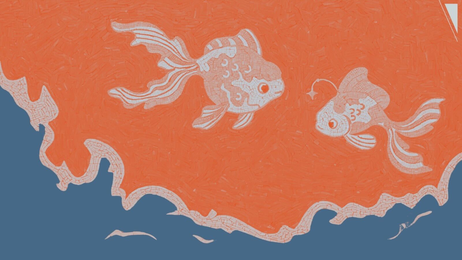 A mosaic image of two goldfish facing each other against a background of orange, above a wavy strip of blue.