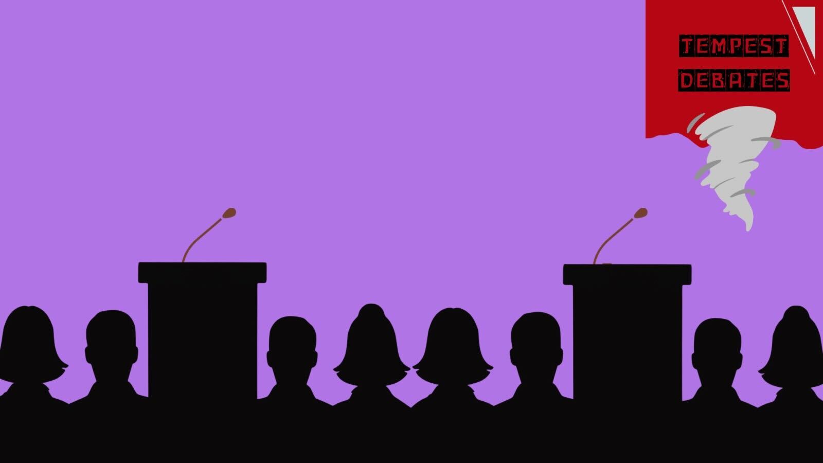 A vibrant purple background. Against it are black silhouettes of people and podiums. In the top right is a red square with a small graphic of a tornado below black text reading "Tempest Debates."