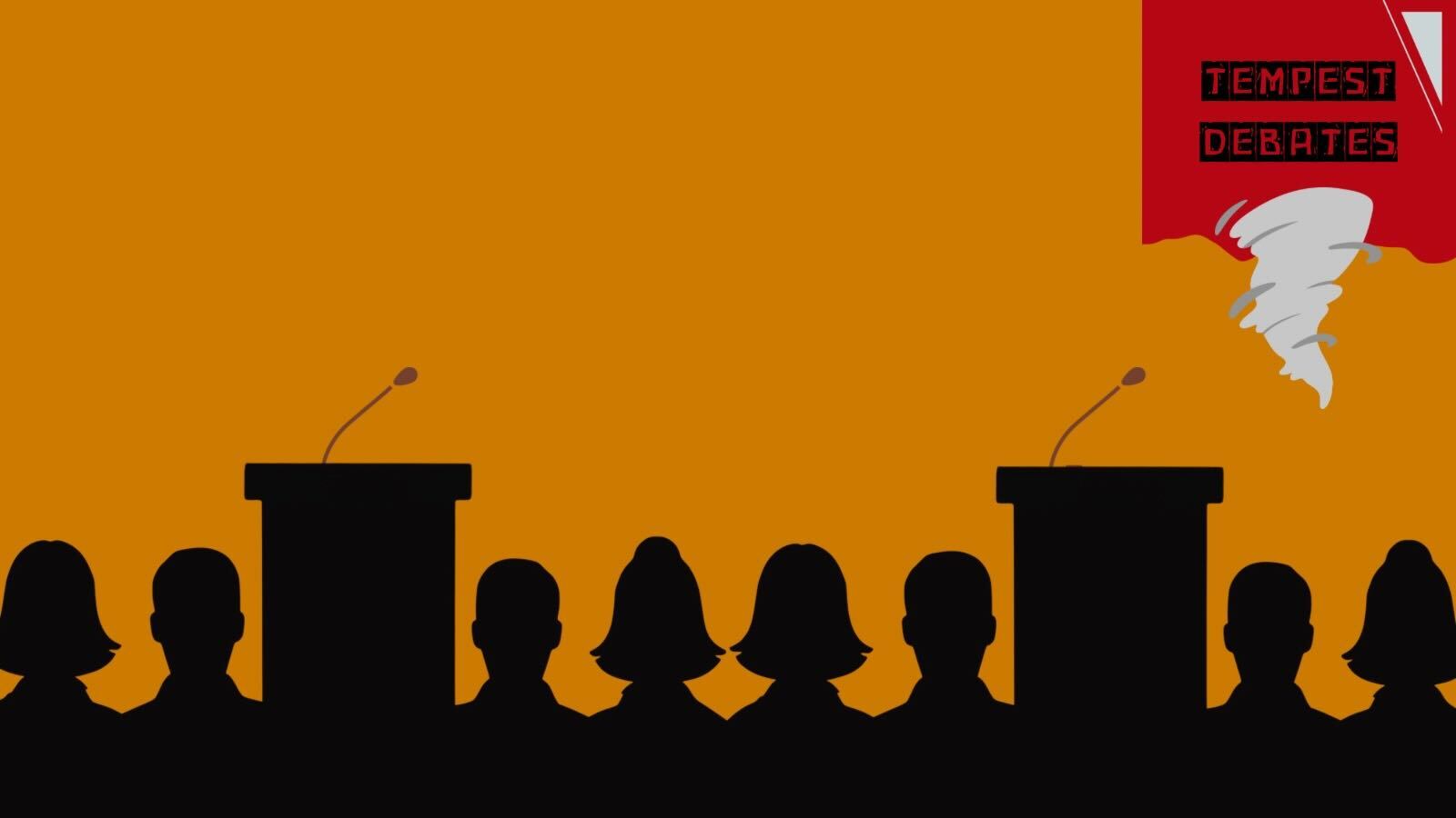 A dusky orange background. Against it are black silhouettes of people and podiums. In the top right is a red square with a small graphic of a tornado below black text reading "Tempest Debates."