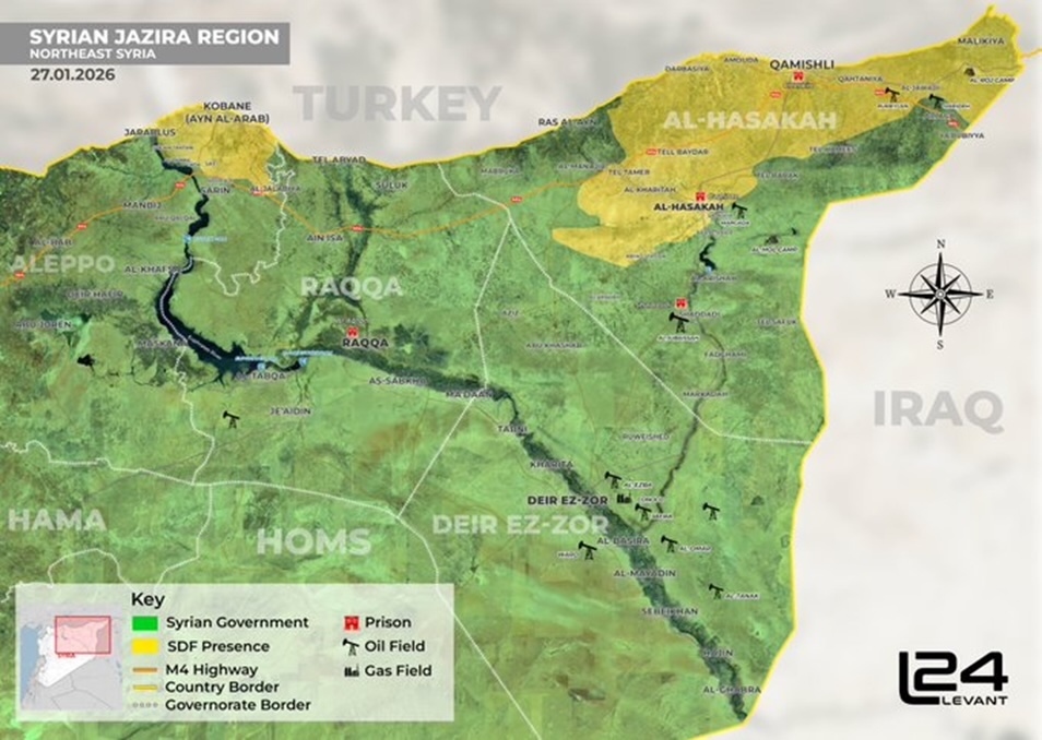 Map of northeast Syria depicting areas controlled by the Syrian government and areas with an SDF presence.