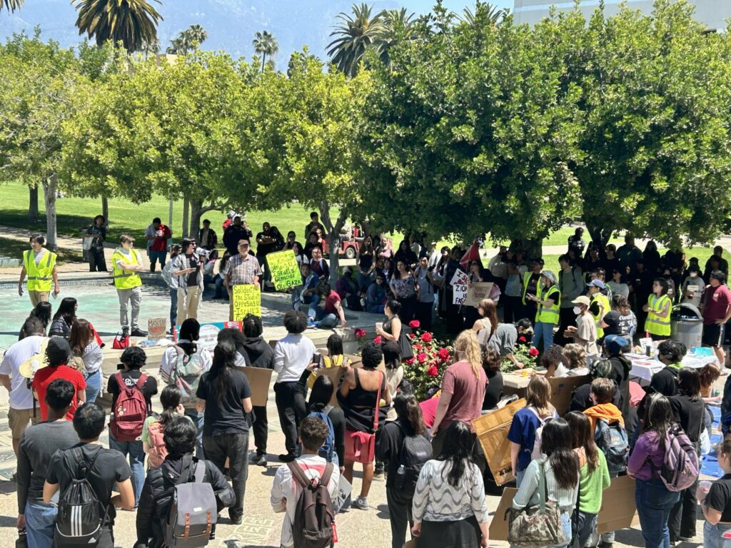 A crowd of about forty demonstrators stand under a grove of trees listening to speakers standing next to a pool.