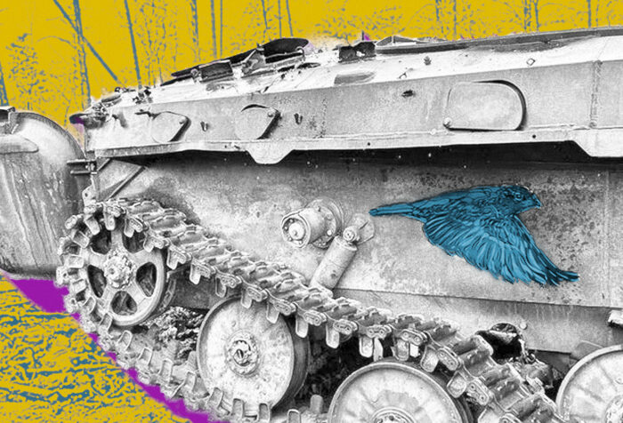 Stylized image of a destroyed tank in Ukraine with a bird decal. Background in yellow.
