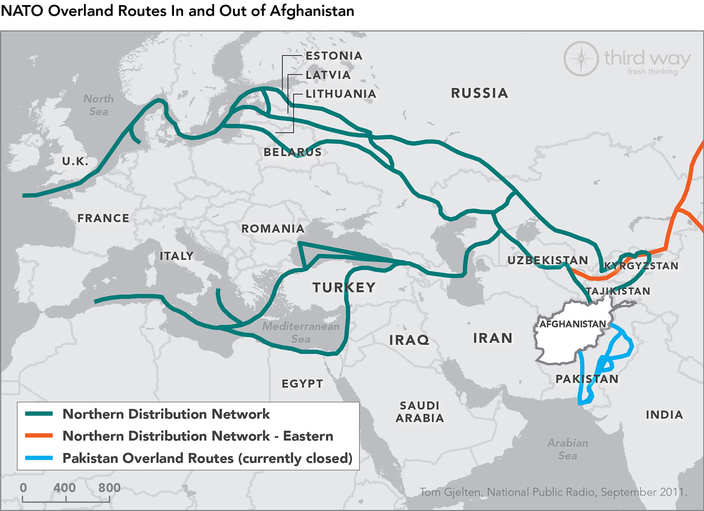 Map of Europe, northern Africa, and southwest and south Asia, showing NATO’s logistical supply routes, including the Northern Distribution Networks through Russia, during the U.S.-led invasion of Afghanistan, circa 2012.