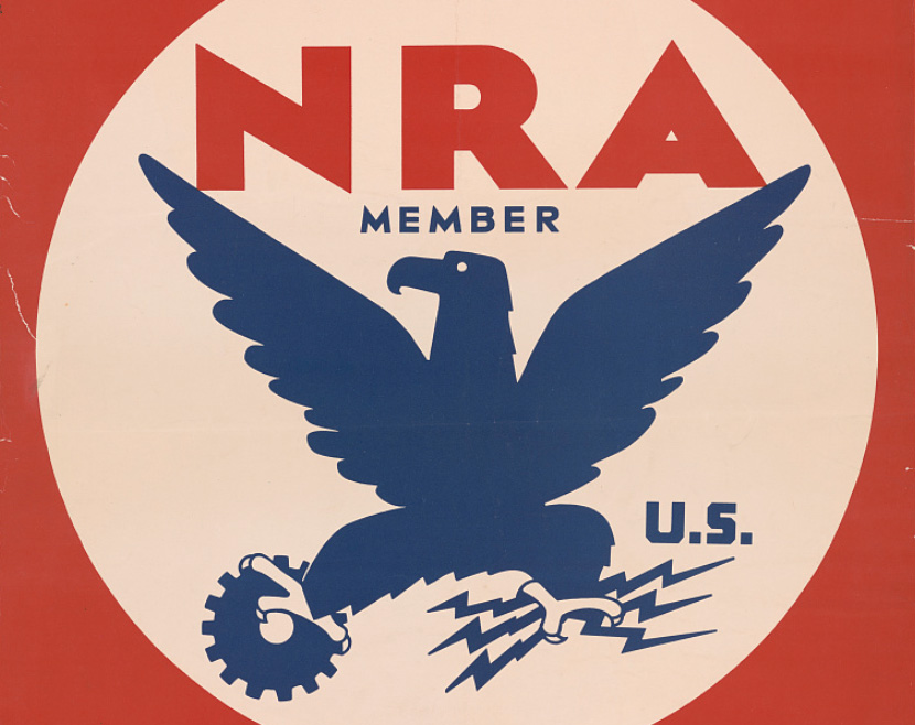 A national recovery administration poster with blue eagle holding a machine part on a red background . Text reads: NRA Member, U.S.