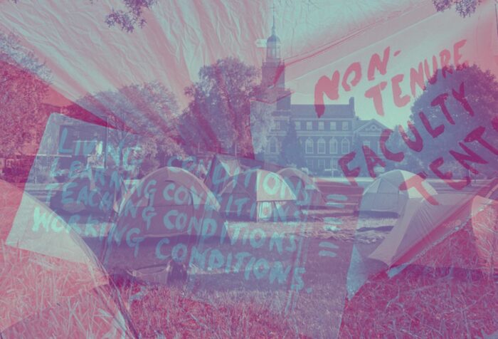 blurred images of tents and protest signs on behalf of non-tenure-track faculty