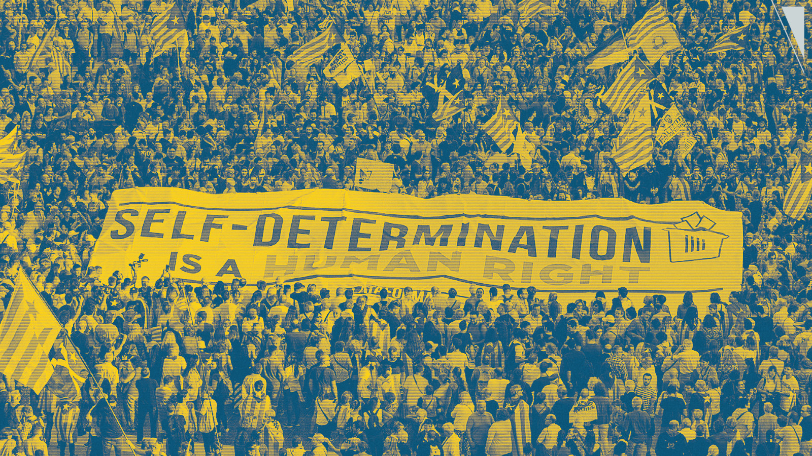 Feature art from Tempest article “Did Lenin create Ukraine?” showing a mass mobilization, with many flags and an enormous banner stating, “self-determination is a human right.”