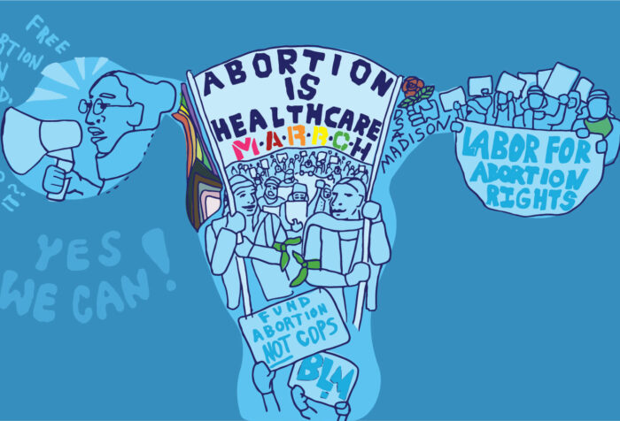 a cartoon graphic of a uterus and ovaries in blue with signs reading abortion is healthcare march.