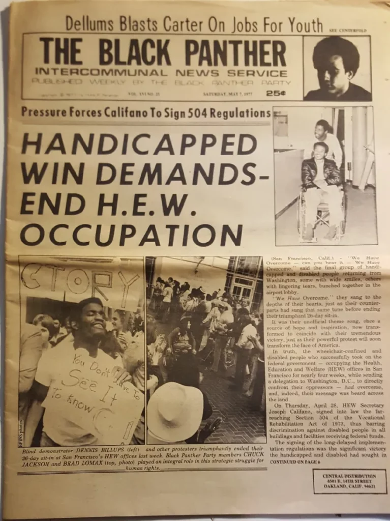 The cover from The Black Panther Intercommunal Newspaper with the headline: Handicapped win demands-end H.E.W. occupation: Pressure forces Califano to sign 504 regulations. There are photos from the demonstration and occupation.