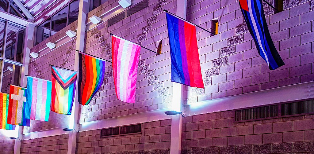 A range of pride flags hangs lighted at night.