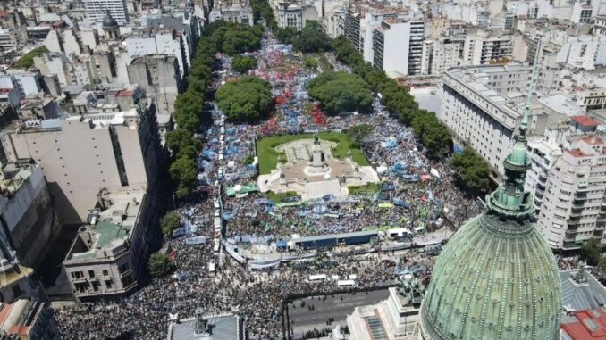 Aerial photo shows massive number of strikers surrounding the Argentine Congress in opposition to new President Javier Milei’s massive austerity efforts as part of the January 24, 2024 general strike.