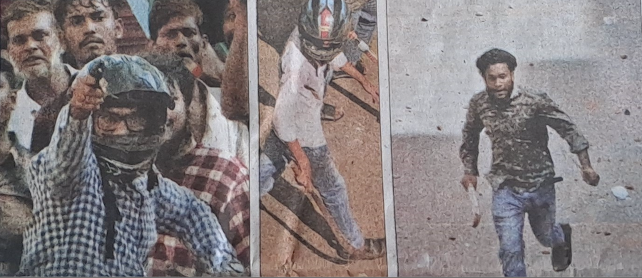 The front page of the national Bangladeshi newspaper, NewAge, showing three side by side images: A supporter of the ruling party, wearing a blue checked shirt and a motorcycle helmet, firing a pistol on protestors; a BCL member wearing a white shirt and a motorcycle helmet carrying a machete and moving towards protestors with menace; a third BCL supporter in blue jeans and green shirt chasing carrying a cricket bat and chasing protestors. Republished with permission.