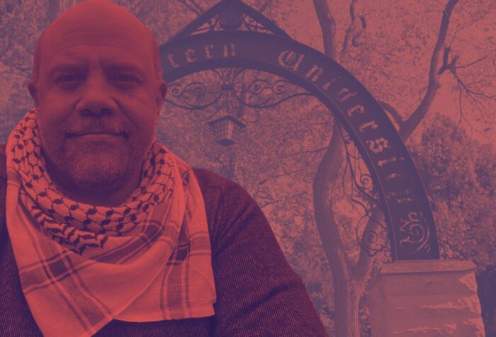 A photo of Dr. Steven Thrasher looking at the camera wearing a keffiyeh, transposed against the background of an arch at Northwestern University. Entire picture is tinted dark red.