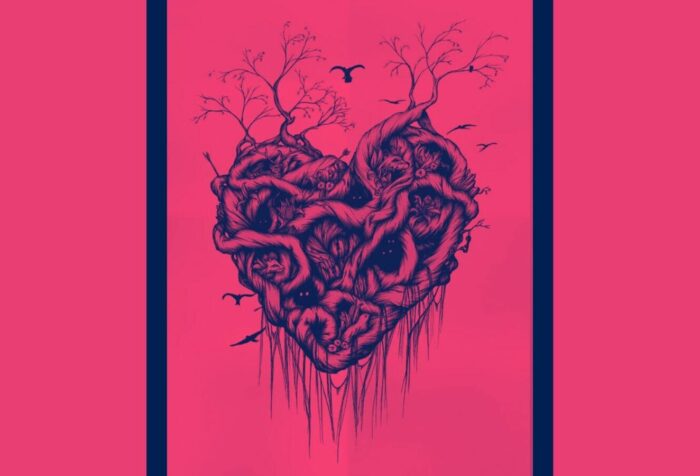 A drawing of a heart made up of vines, trees, birds, and nature. Dark blue against a pink background.