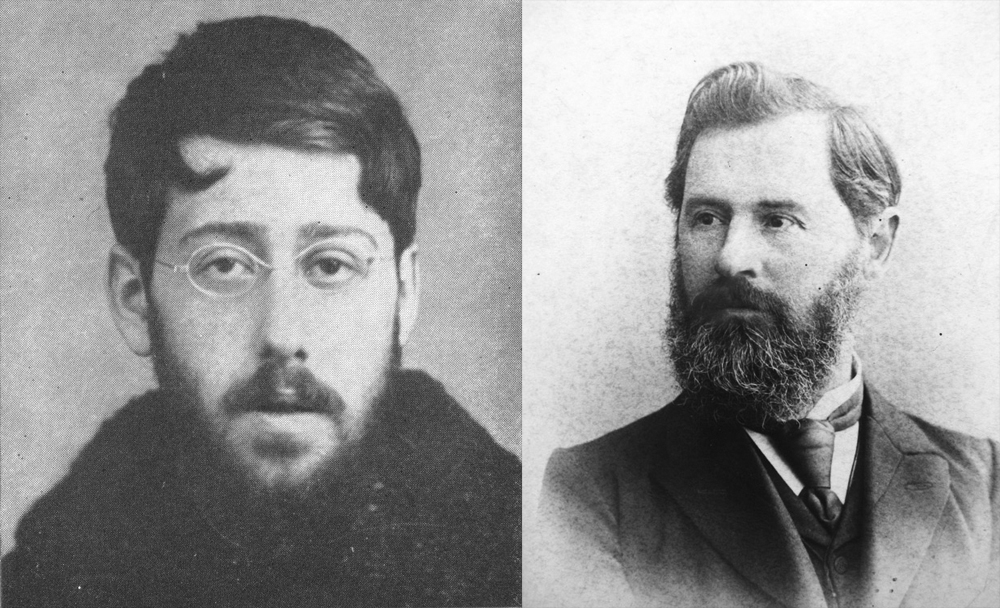 Two black and white images of bearded men, side by side.