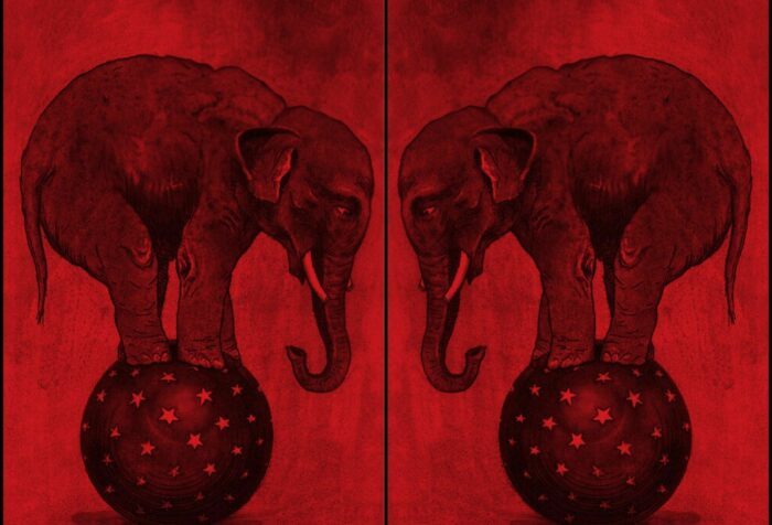 A vintage drawing of two elephants on circus balls facing each other, overlaid with a dark red filter.