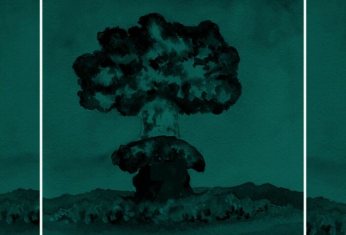 A watercolor illustration of an atomic bomb cloud emerging from the ground. The strokes are all black with a background of dark green.