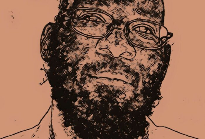 A sketched drawing of Marcellus "Khaliifah" Williams, depicting a Black man with glasses and a curly beard.