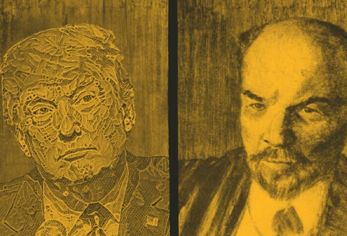 A photo of Donald Trump on the left and of Vladimir Lenin on the right, all overlaid with a yellow tint.