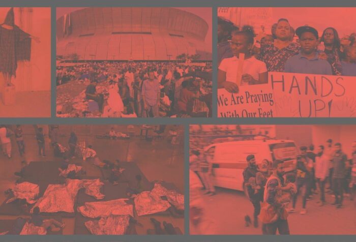 A compilation of photos, all overlaid with a red filter. From top left, clockwise: photo of a person being tortured at Abu Ghraib, people outside the Superdome after Hurricane Katrina, a protest in Ferguson, and of a medical rescue in Gaza.