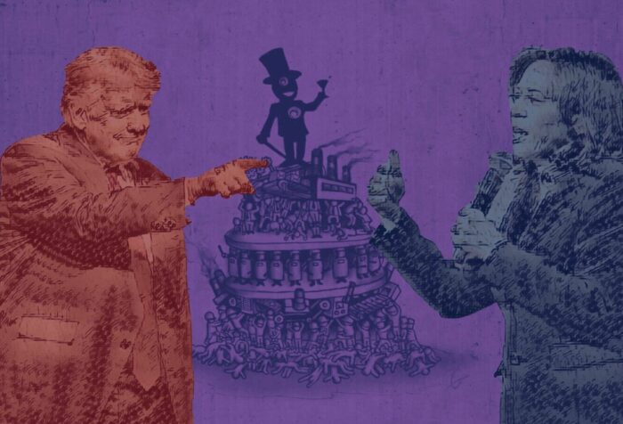 A red silhouette of Donald Trump on the left points a finger towards a blue silhouette of Kamala Harris speaking on the right. Between them is a picture of a figure in a top hat standing on top of a pyramid of tanks and other weaponry, being held up by and crushing masses off people underneath. Purple background.