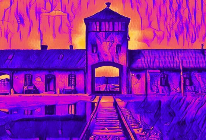 A heavily purple and orange filtered photo of the gatehouse of Auschwitz II-Birkenau.