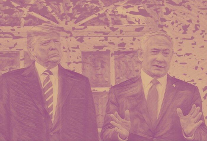 A light purple and brown filter over a photo of Trump and Netanyahu standing next to each other.