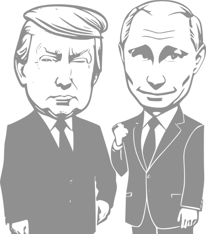 black and white graphic of Trump (left) and Putin (right)