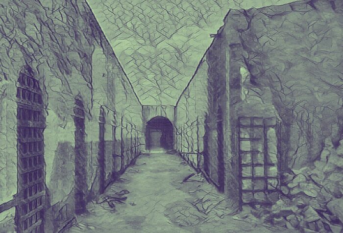 A drawing of a hallway of a penitentiary with a dark green and blue filter.