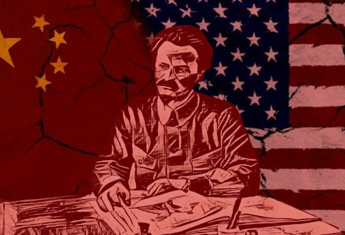 A photo of Leon Trotsky superimposed against the flags of the US and China.