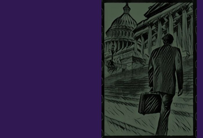 A man walks up the steps towards Congress. Image against a dark purple background.