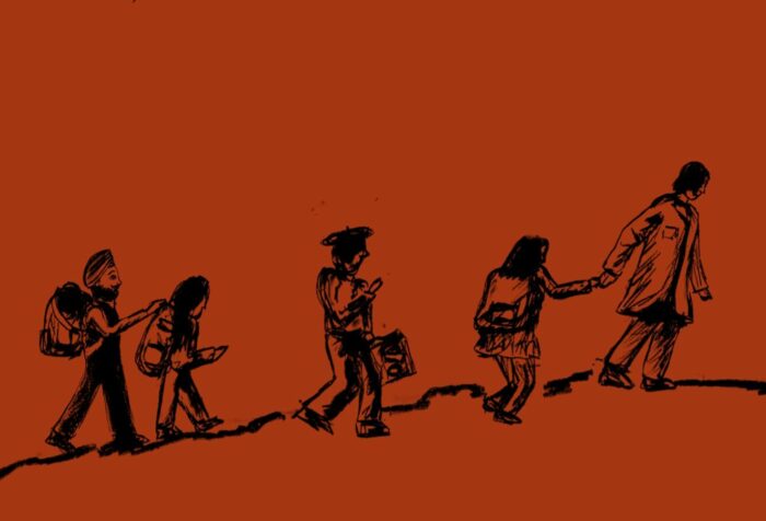 A black illustration against a burnt orange background, of different people walking over hilly ground from left to right, some holding each other's hands.